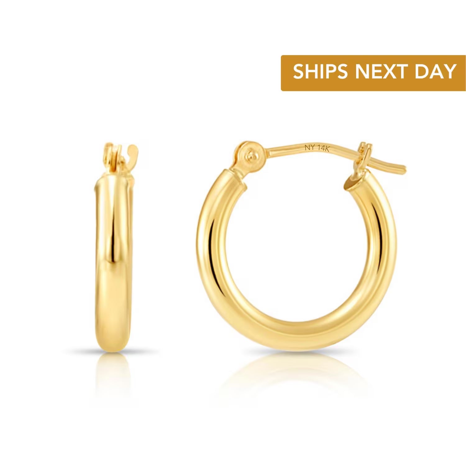 Solid 14K Gold Hoop Earrings, 14 Karat Yellow Gold round Hoops with a Classic Shiny Polished Finish, 14Mm Small Size Handmade in the USA
