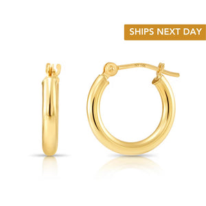 Solid 14K Gold Hoop Earrings, 14 Karat Yellow Gold round Hoops with a Classic Shiny Polished Finish, 14Mm Small Size Handmade in the USA