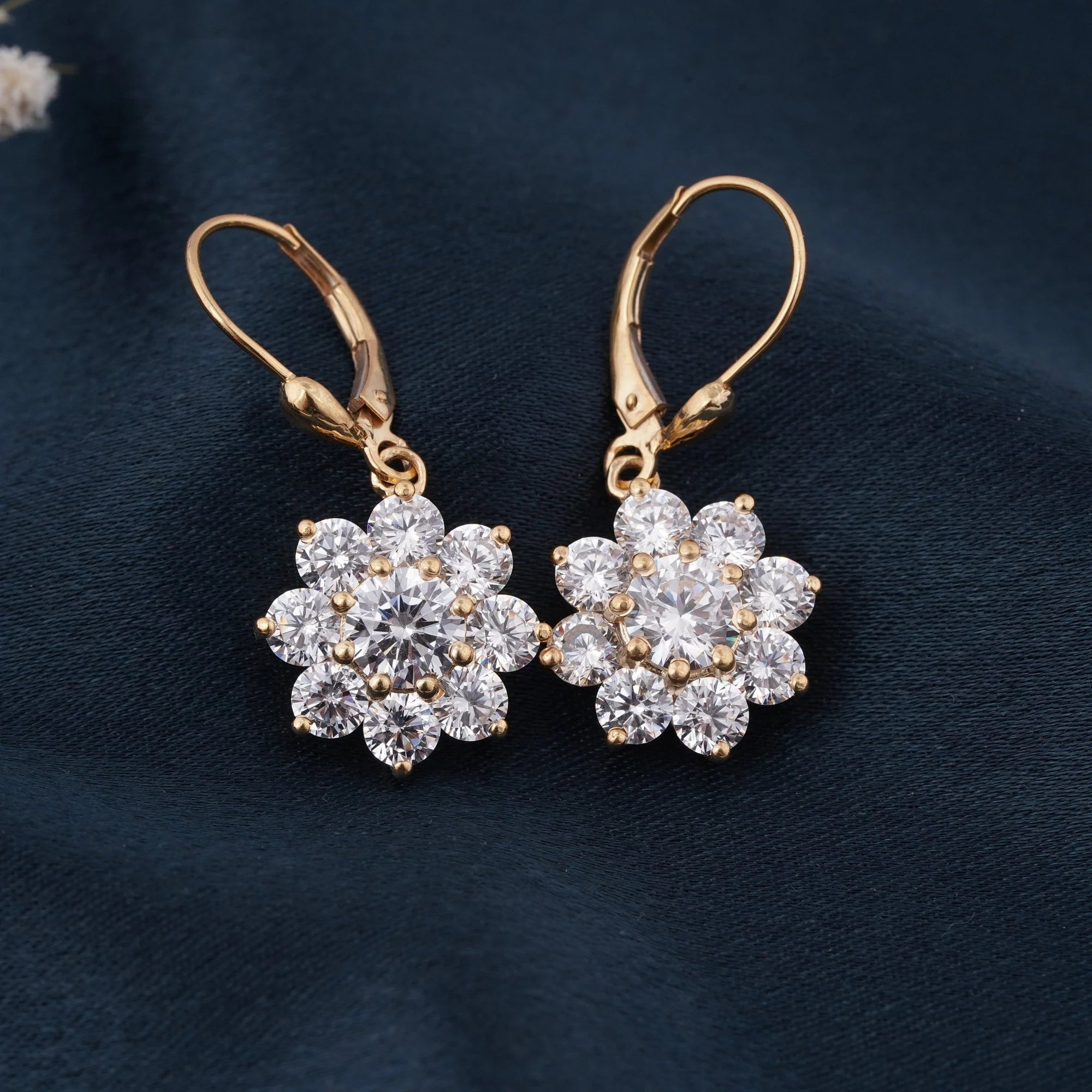 GRA Moissanite Flower Earrings, 14K Gold Plated Sterling Silver Lever Back Drop