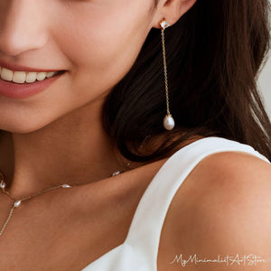 Dainty Pearl Drop Earrings with Diamond, Gold Dangle Earrings, Bridal Earrings, Long Pearl Earrings, Wedding Jewelry,Bridesmaid Gift for Her