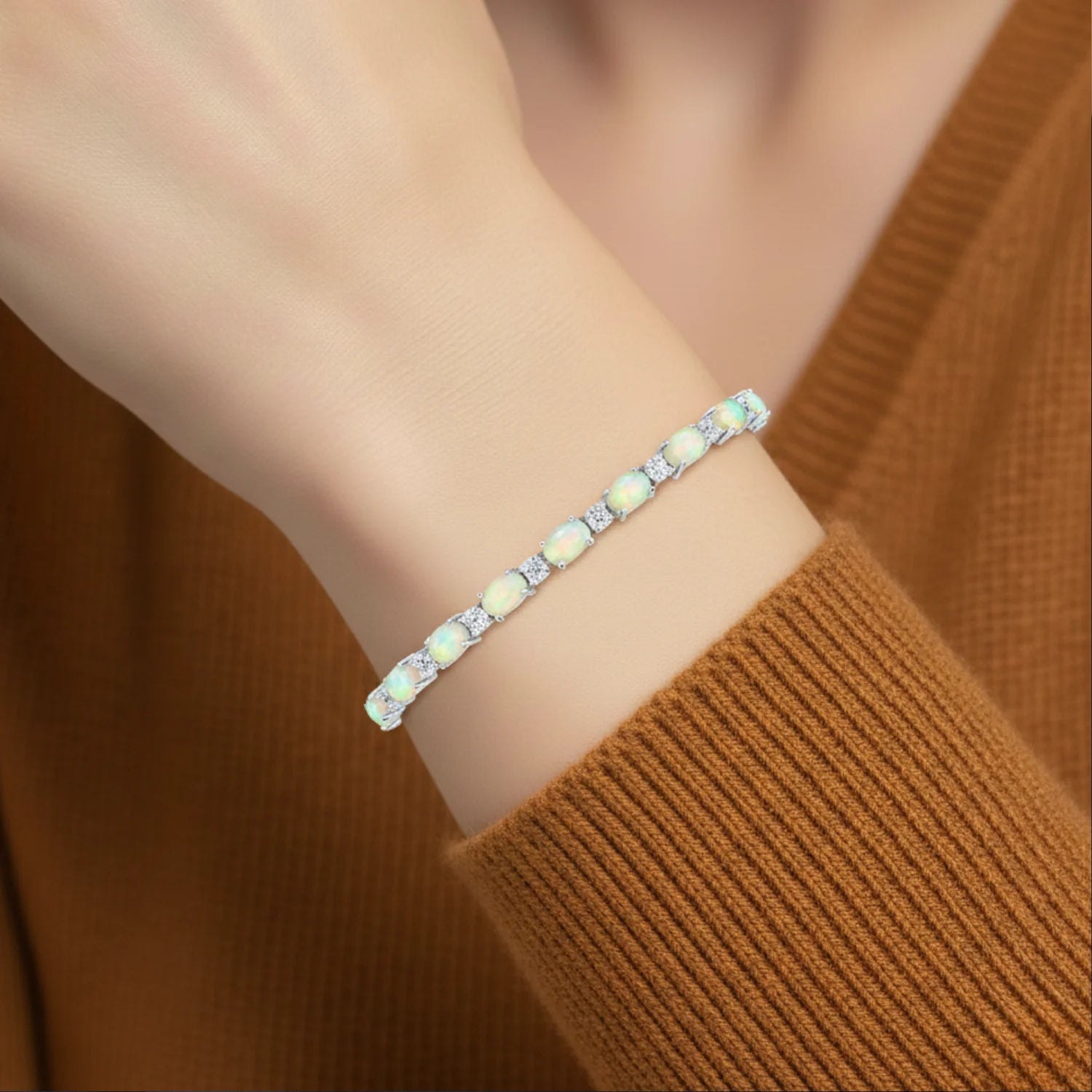 Sterling Silver Fire Opal Adjustable Bracelet with Cubic Zirconia Stones