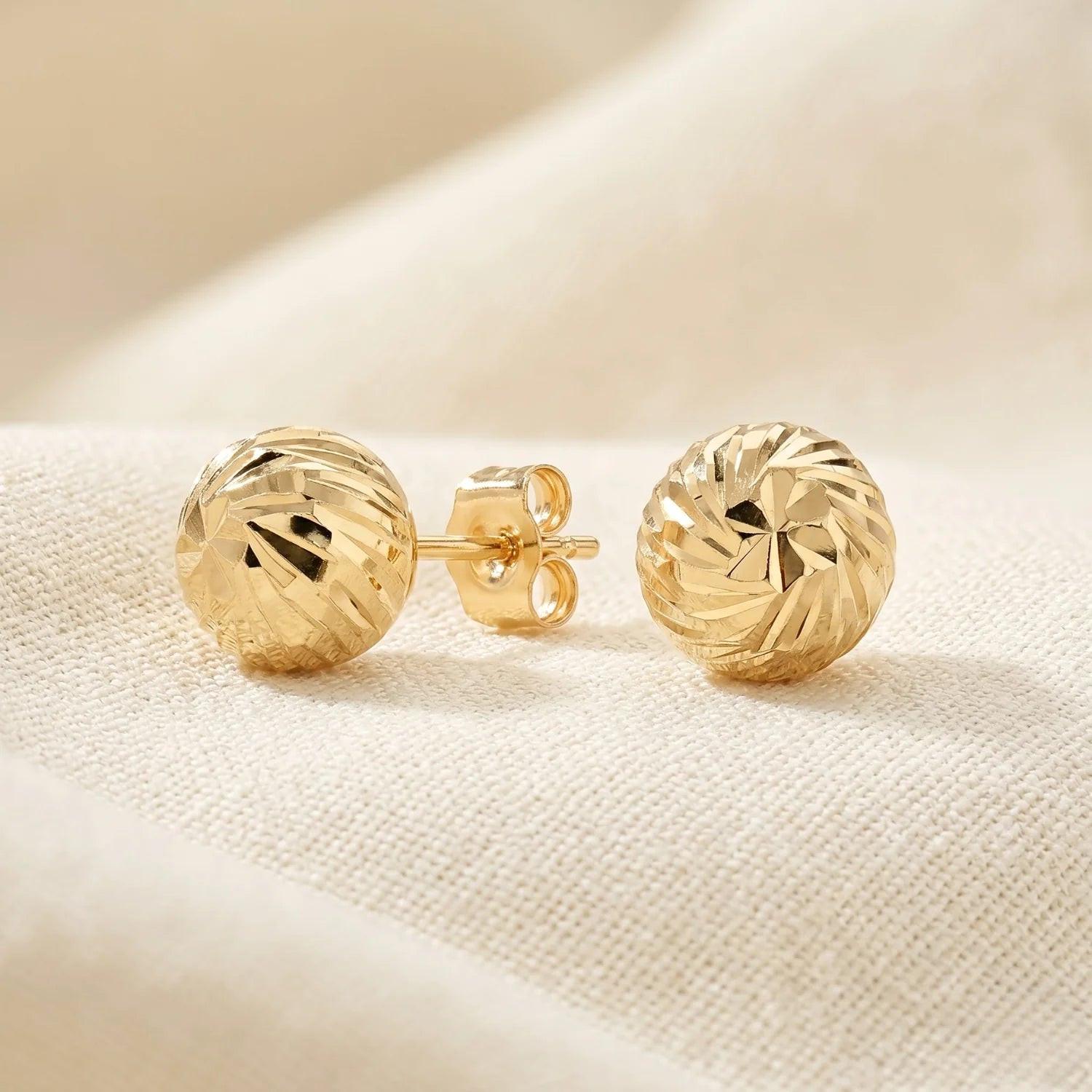 Exquisite 14K Yellow Gold Hand-Engraved Spiral Ball Studs.