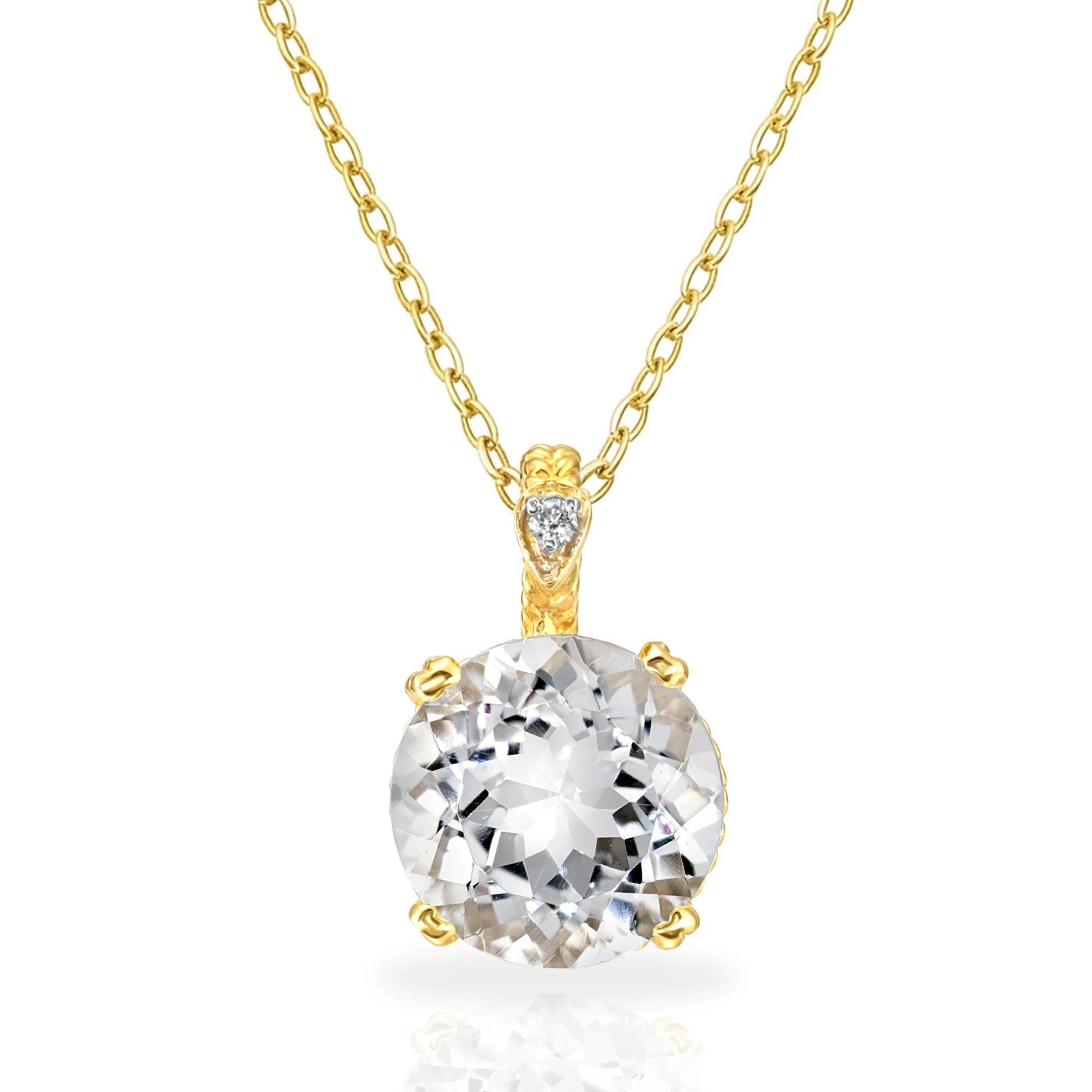 Exquisite 14K Yellow Gold Quartz Gemstone and Diamond Pendant Necklace.