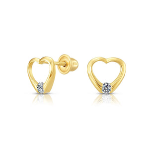 10K Yellow Gold Solitaire Heart Screwback Stud Earrings