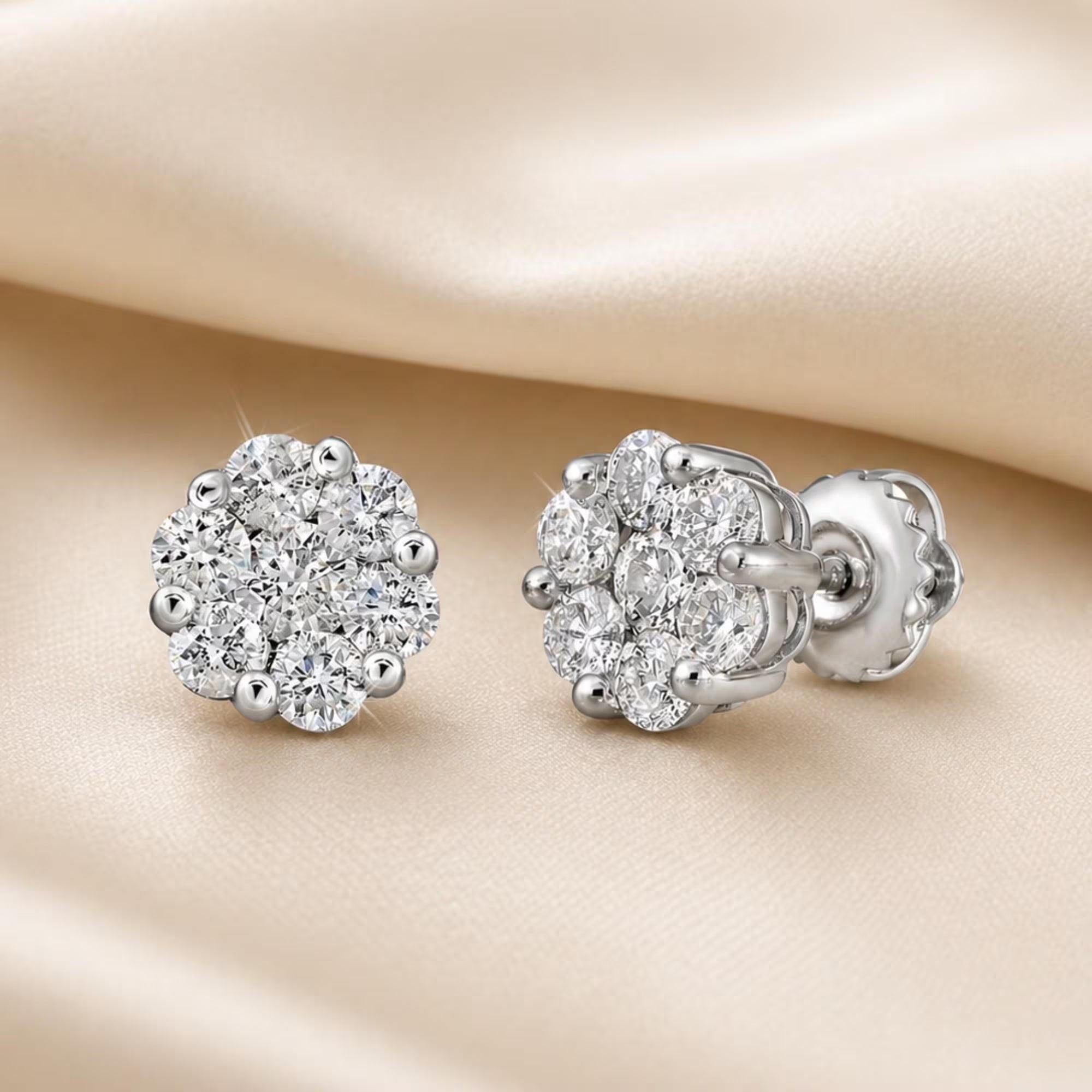 Stunning 14K White Gold Diamond Cluster Unisex Stud Earrings with Secure Screw Backs.
