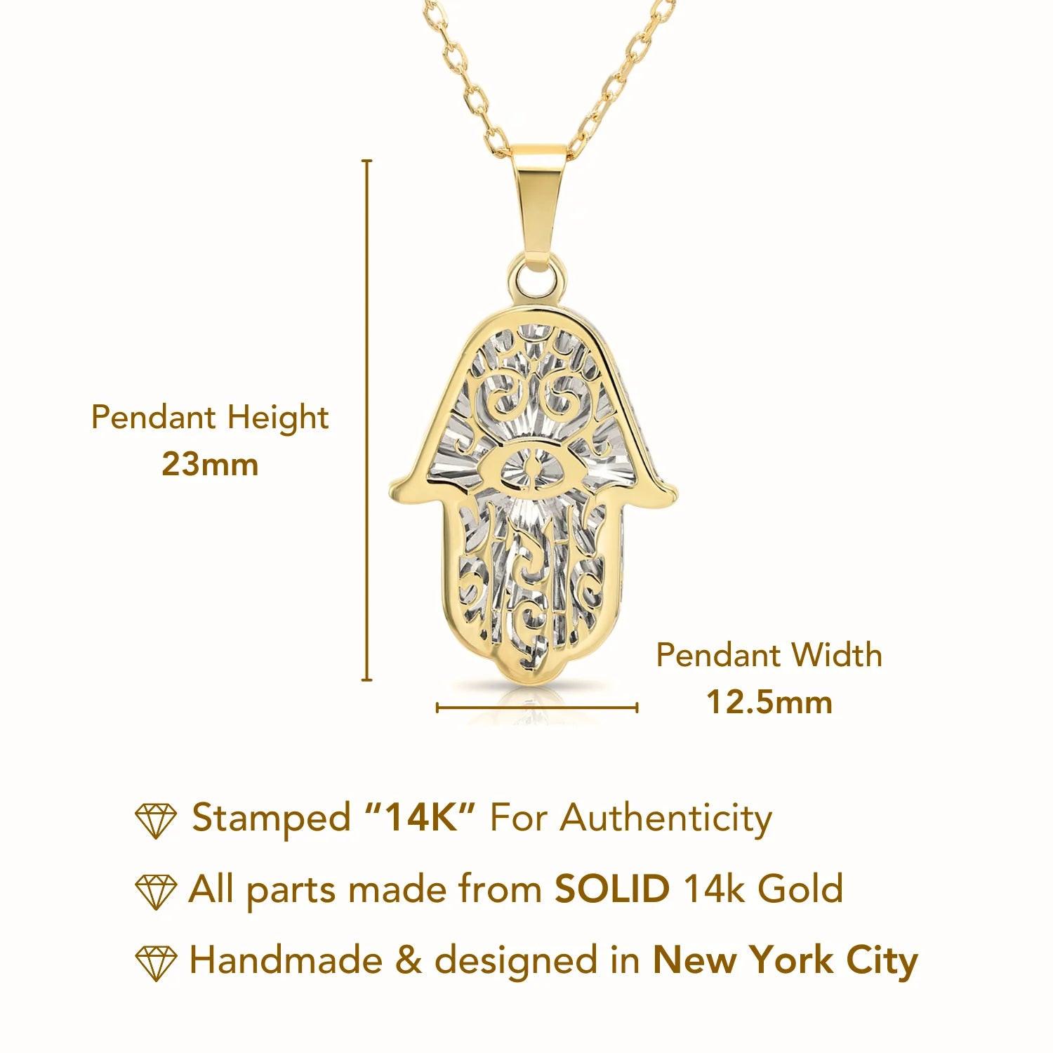 Stunning 14K Two-Tone Gold Hamsa Pendant Necklace with 18" Cable Chain.