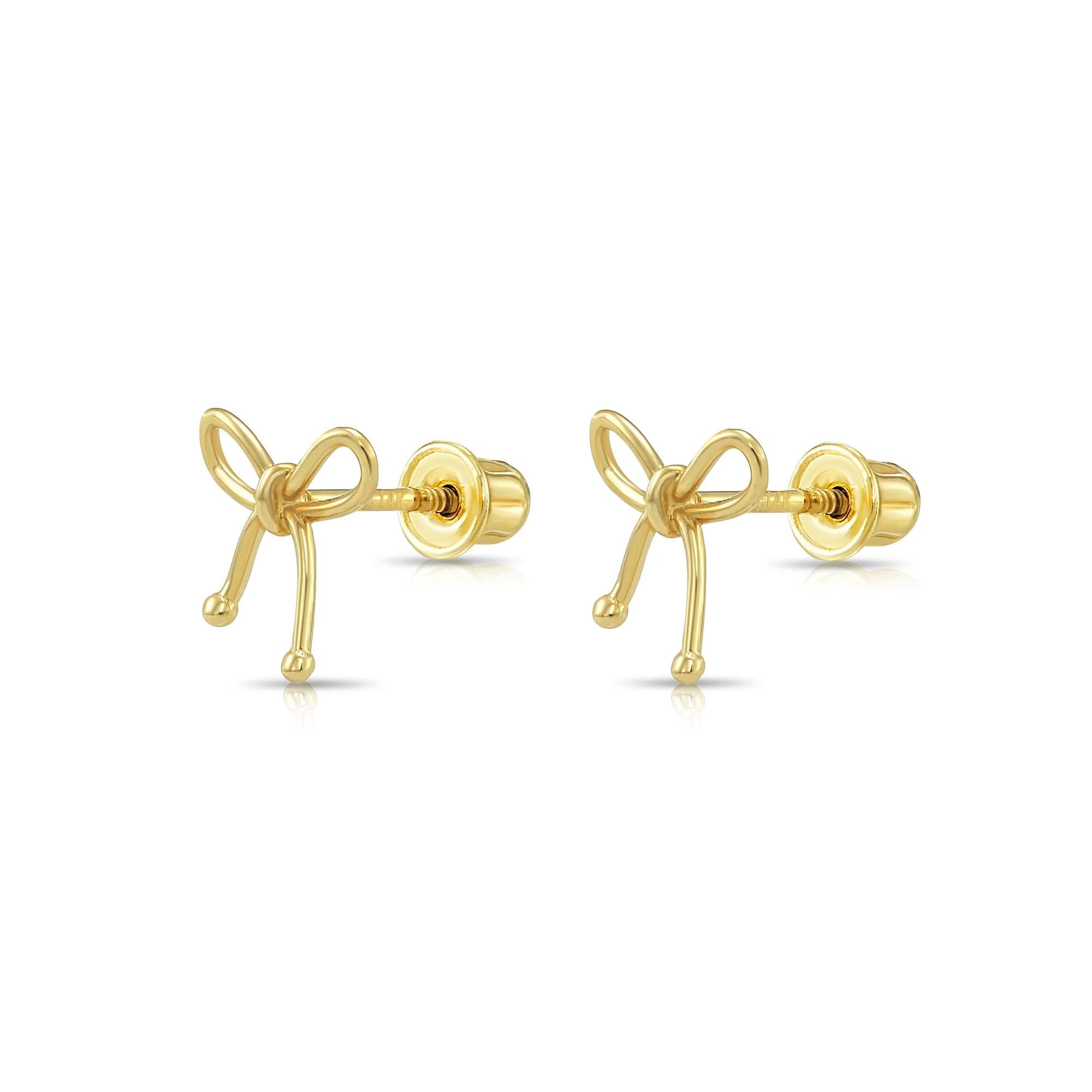 Elegant 14K Solid Yellow Gold Ribbon Bow Stud Earrings with Secure Screwback Closure.