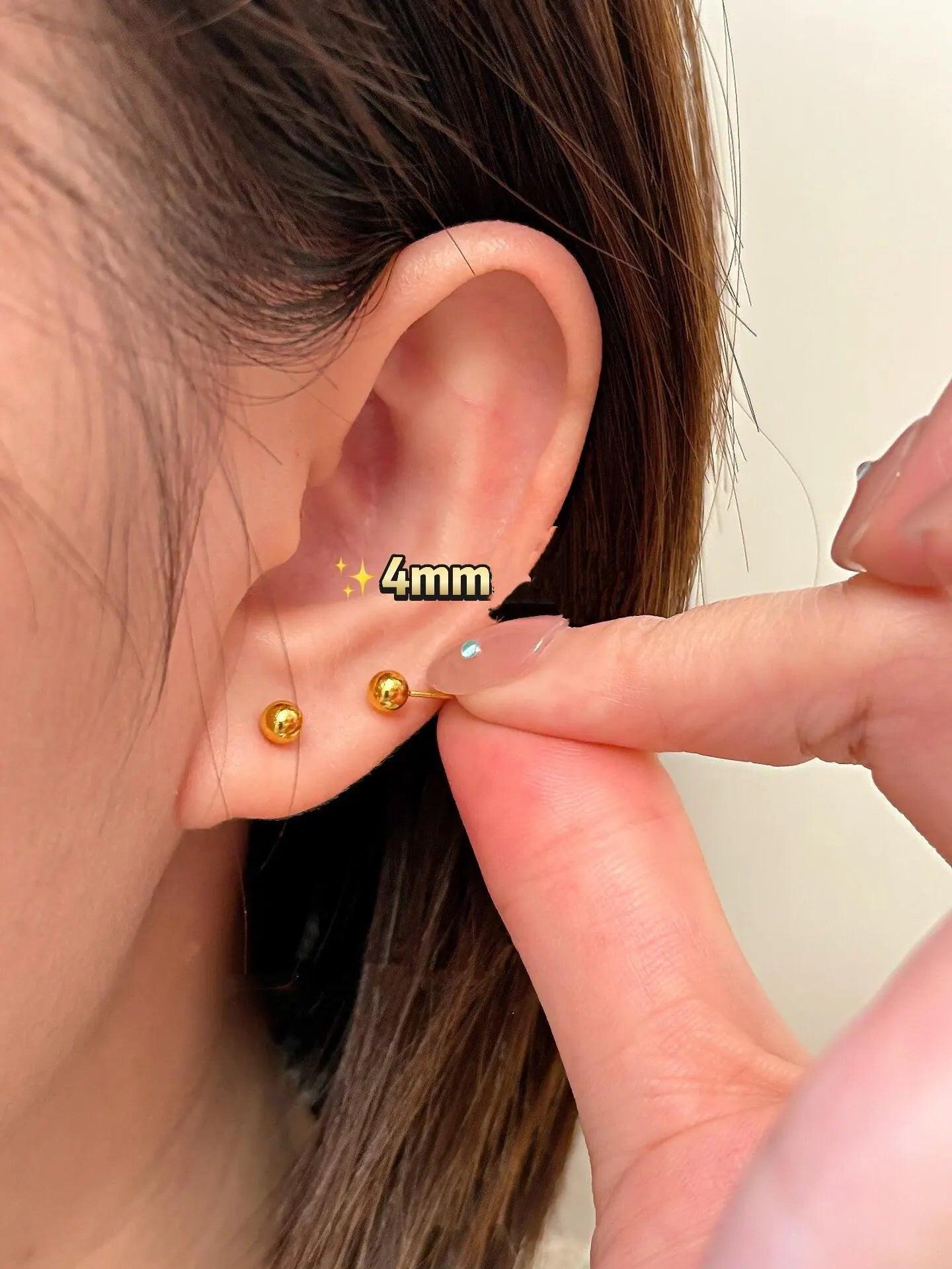 Luxurious 24K Solid Gold AU999 Minimalist Ball Stud Earrings.