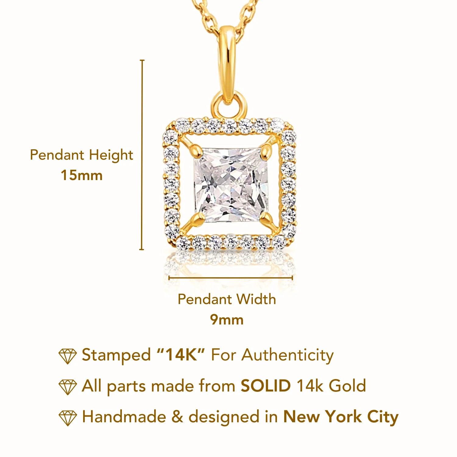 Stunning 14K Yellow Gold Princess-Cut Halo Pendant Necklace.