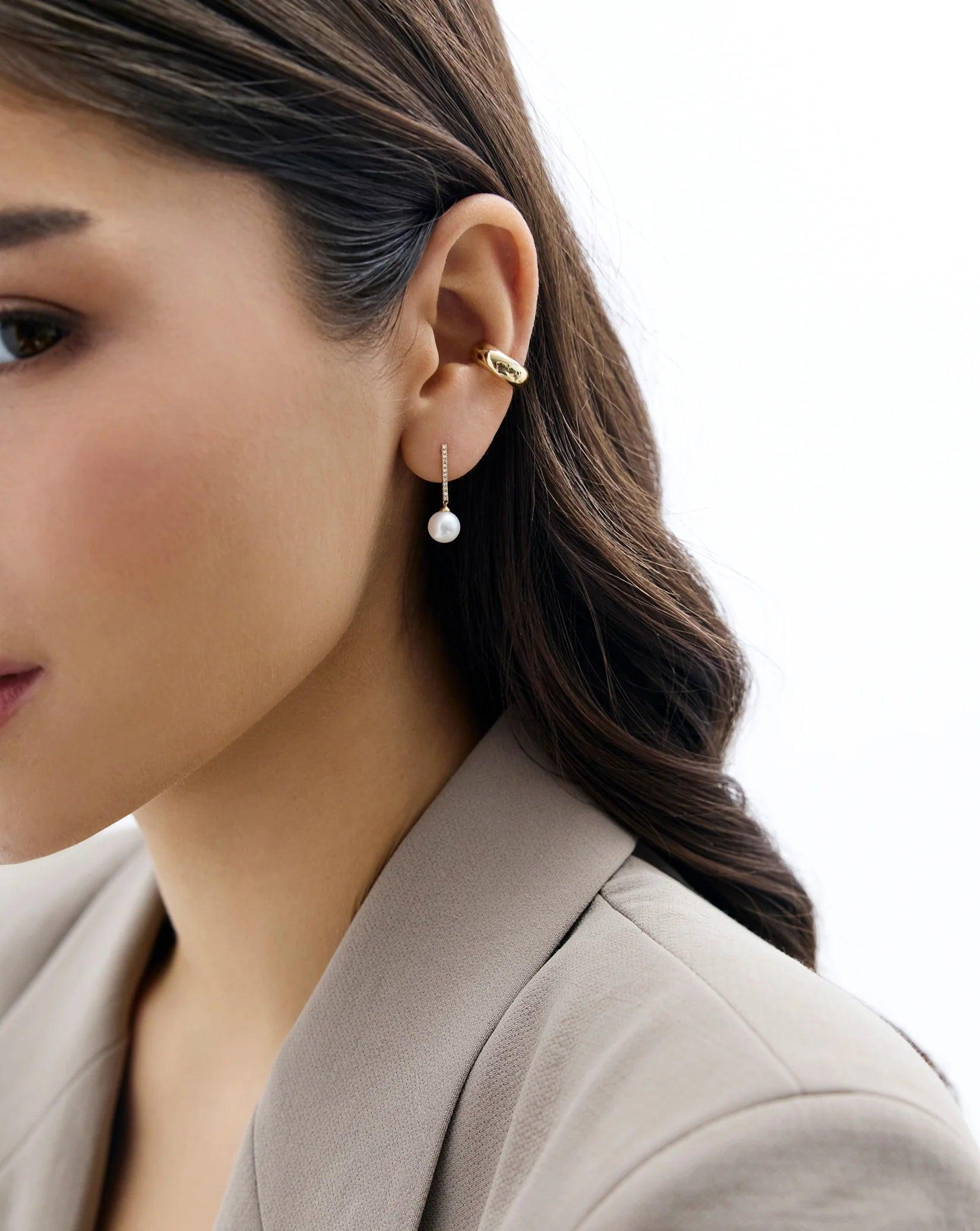 Elegantly Chic Diamond & Pearl Drop Earrings.