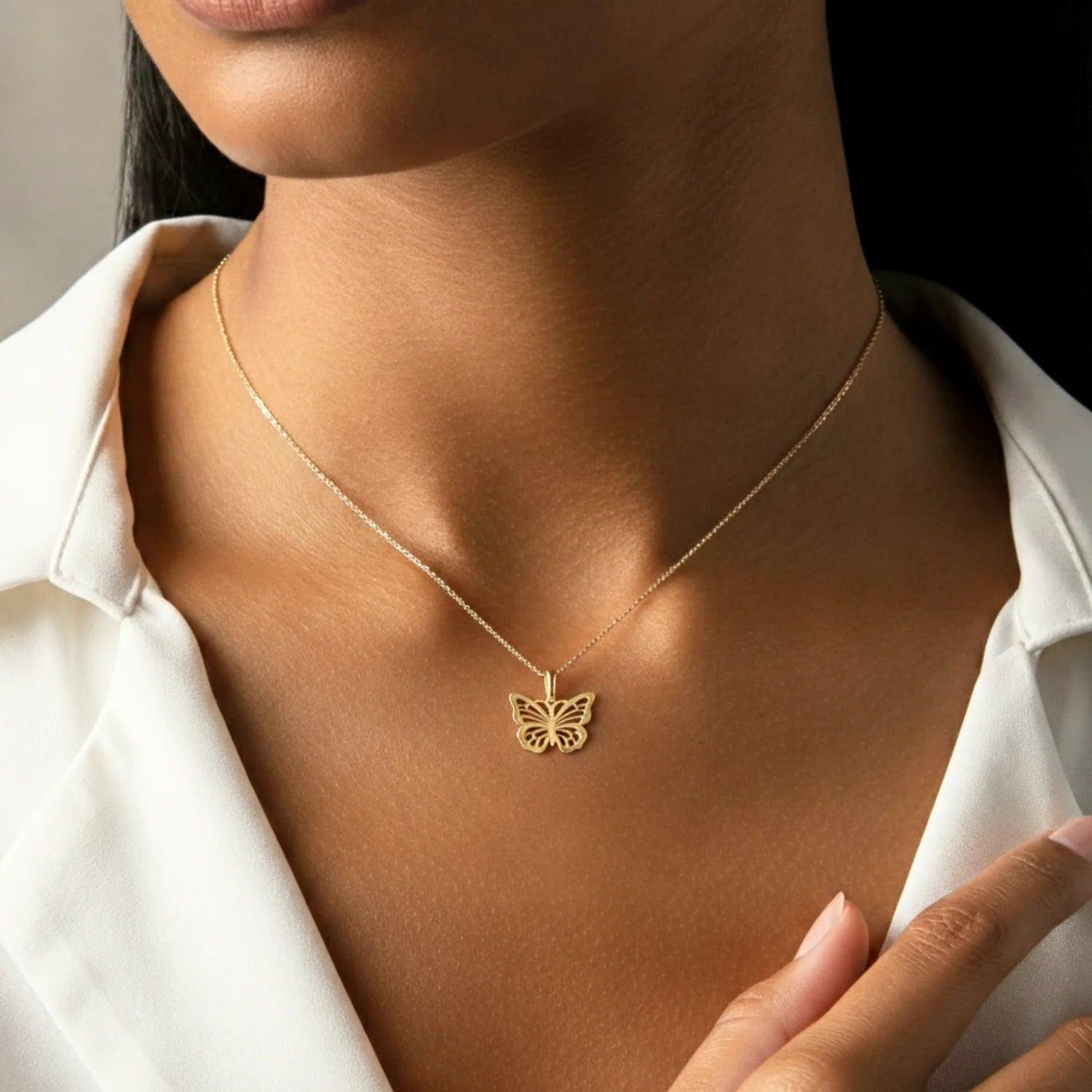 Elegant 14K Yellow Gold Butterfly Pendant Necklace - Graceful Charm for Every Occasion.