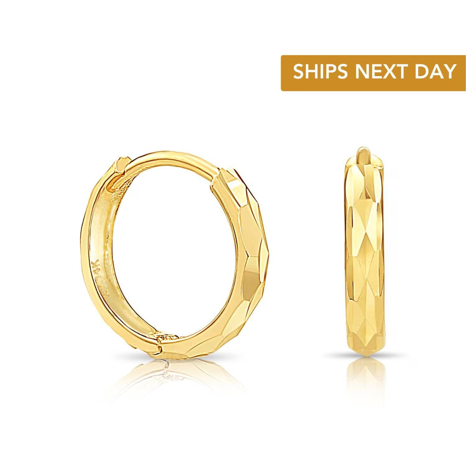 Stunning 14K Gold Handmade 12mm Dainty Hand Engraved Huggie Earrings.