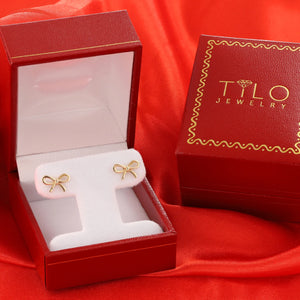 14K Solid Yellow Gold Ribbon Bow Stud Earrings, with Secure Screw-Backs