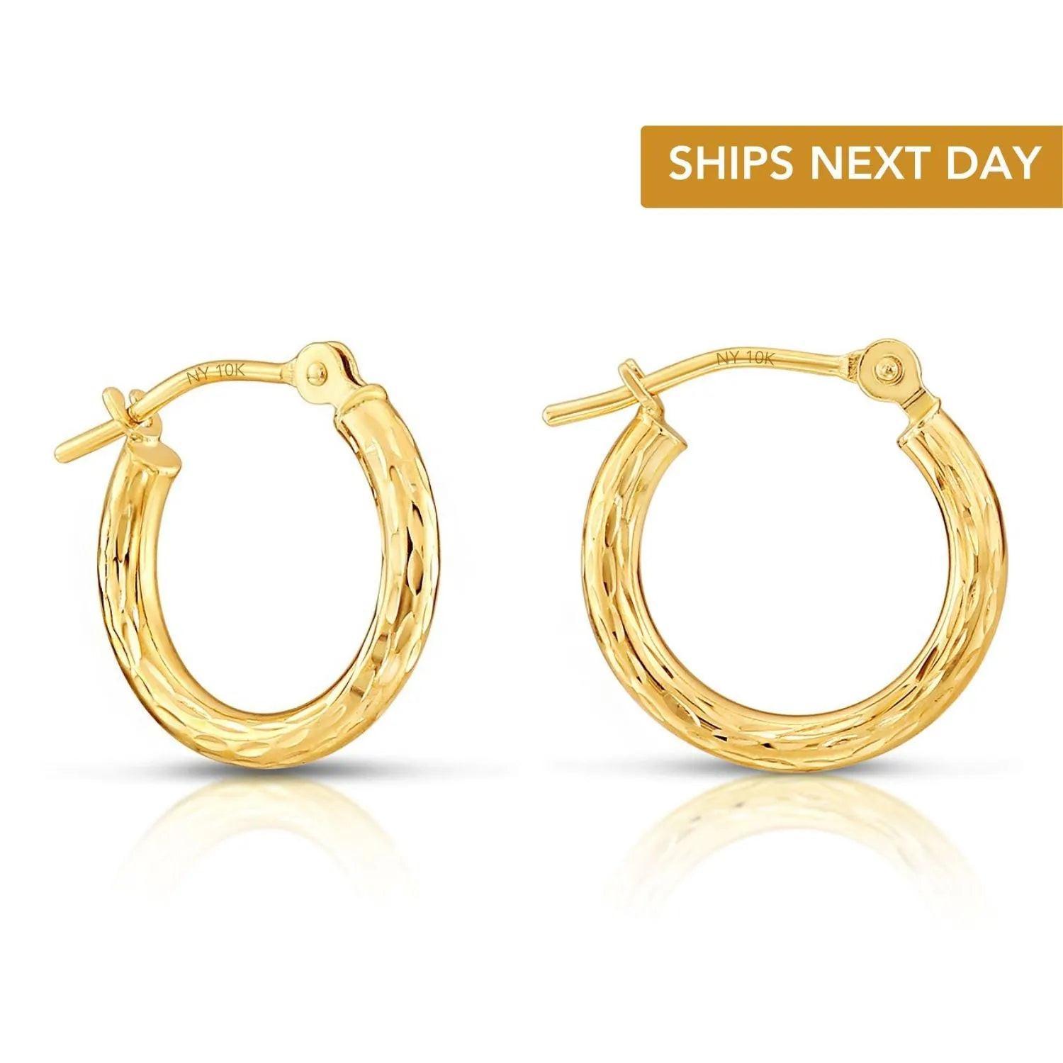 Stunning 10K Yellow Gold Hand-Engraved Diamond-Cut Hoop Earrings - Made in the USA!.