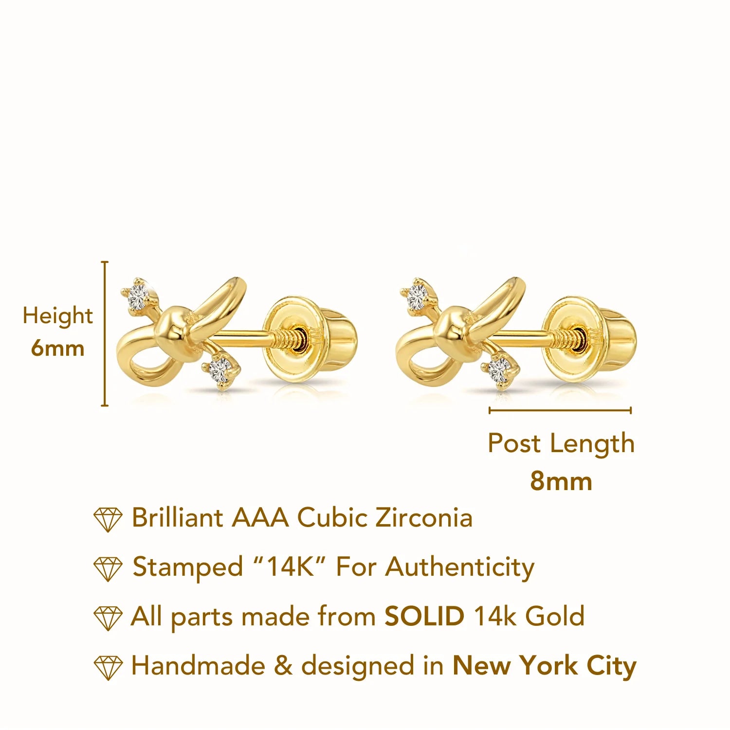 14K Solid Yellow Gold Ribbon Bow Studs, with Screw on Screwbacks