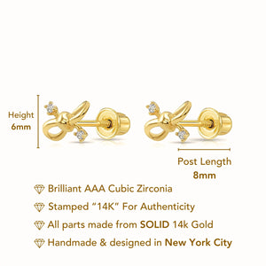 14K Solid Yellow Gold Ribbon Bow Studs, with Screw on Screwbacks