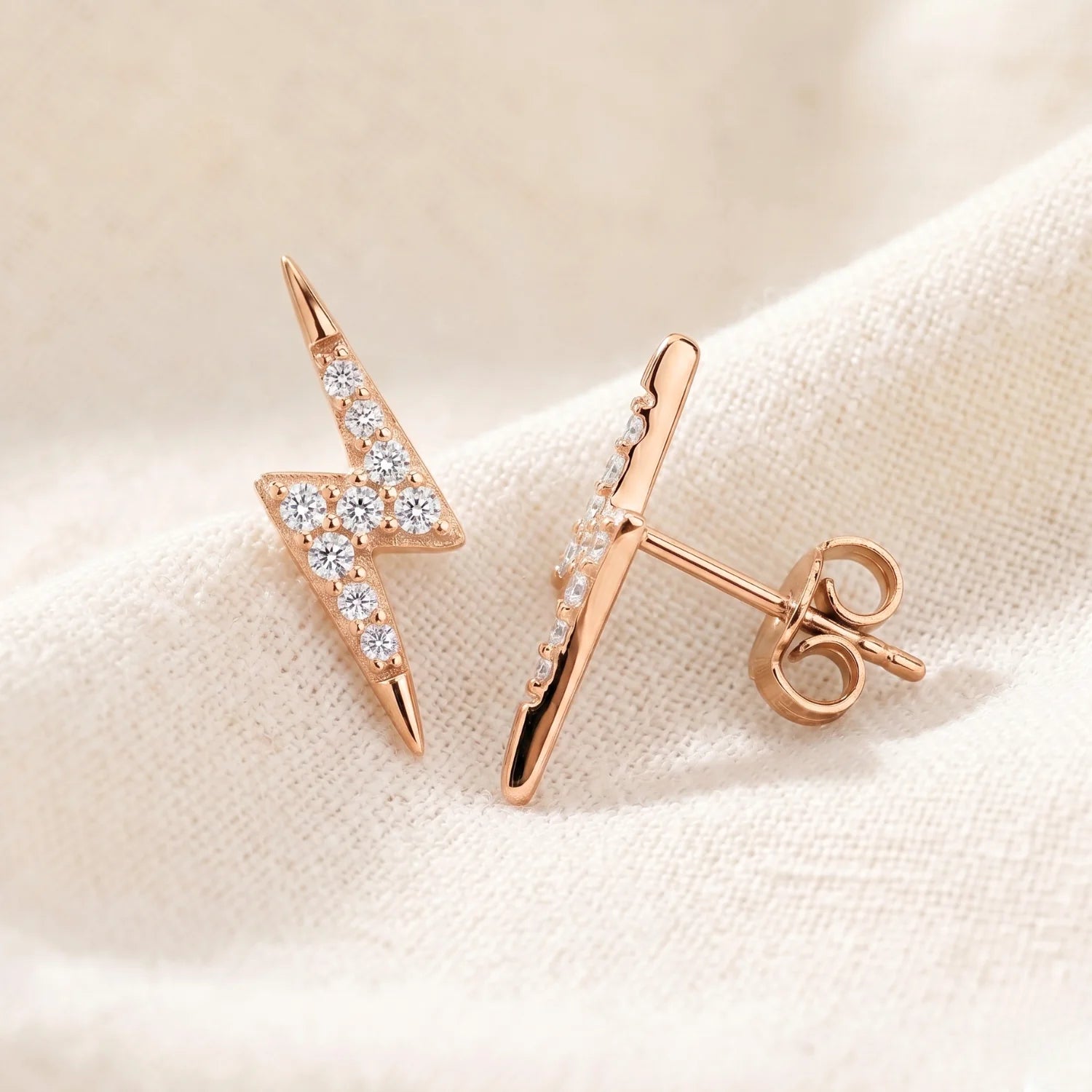 Sterling Silver Rose Gold Plated Lightning Bolt CZ Stud Earrings, Pushback