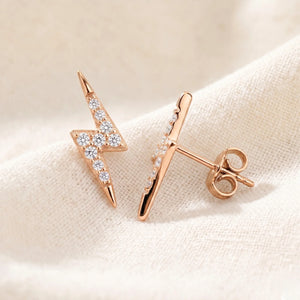 Sterling Silver Rose Gold Plated Lightning Bolt CZ Stud Earrings, Pushback