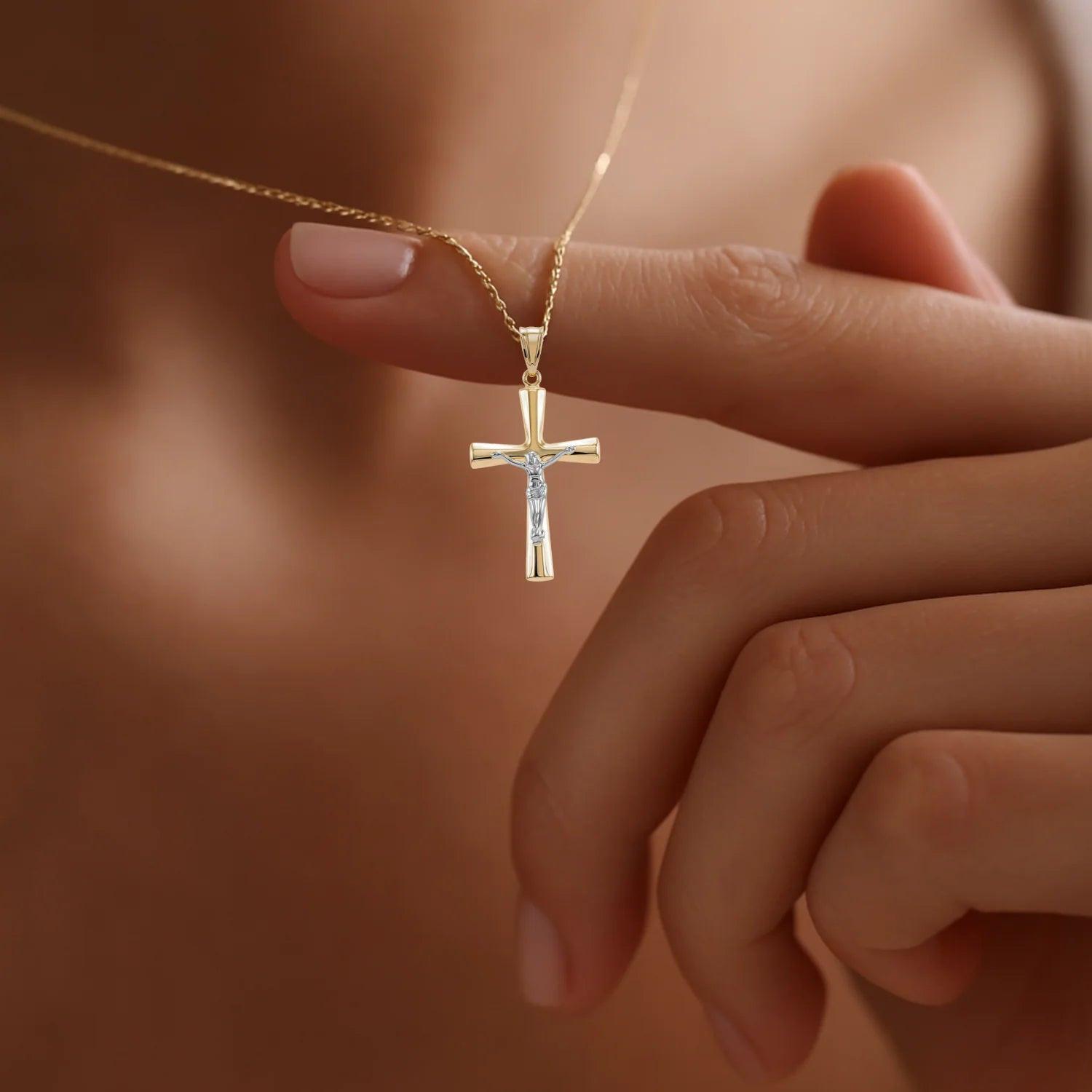 Stunning 14K Two-Tone Gold Jesus Crucifix Pendant Necklace with 18" Cable Chain.