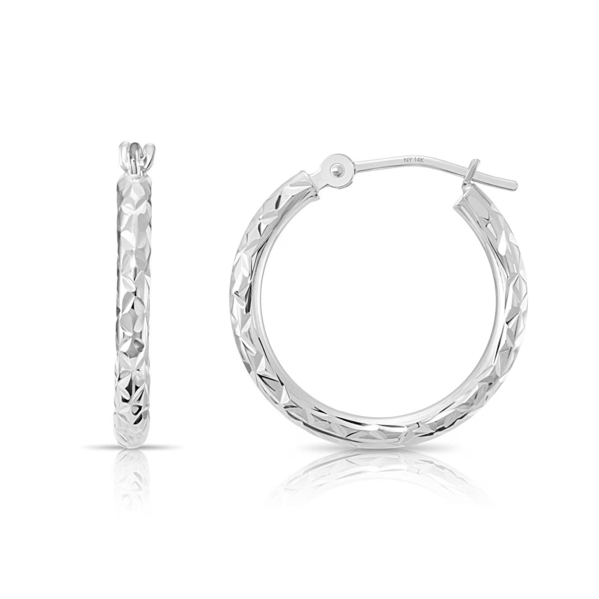 Stunning 14K White Gold Diamond-Cut Hoop Earrings - Elegant Hand-Engraved X-Pattern Available in Small, Medium, and Large Sizes.
