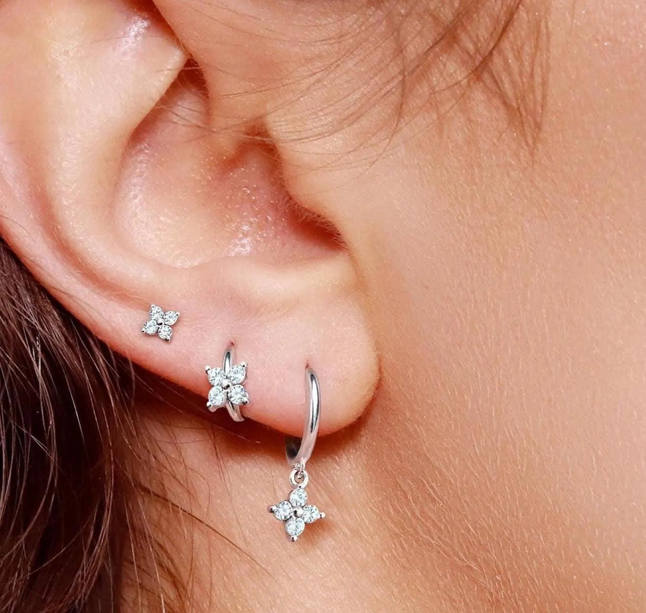Minimalist 925 Sterling Silver Tiny Flower Huggie Hoop Earrings.