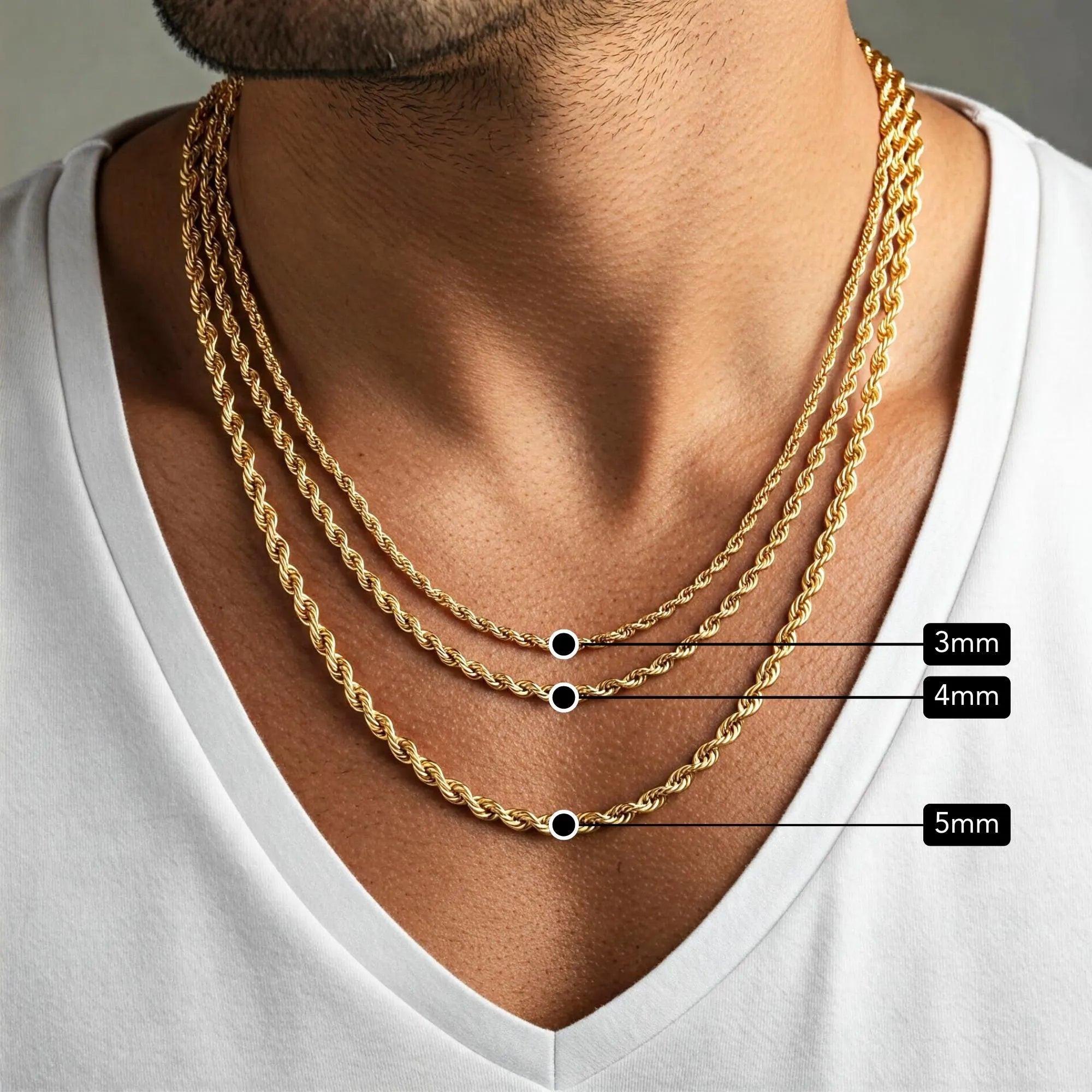 Elegant 10K Yellow Gold Rope Chain Necklace – Solid Gold, 2-5mm, 16-24 Inch with Secure Lobster Clasp.