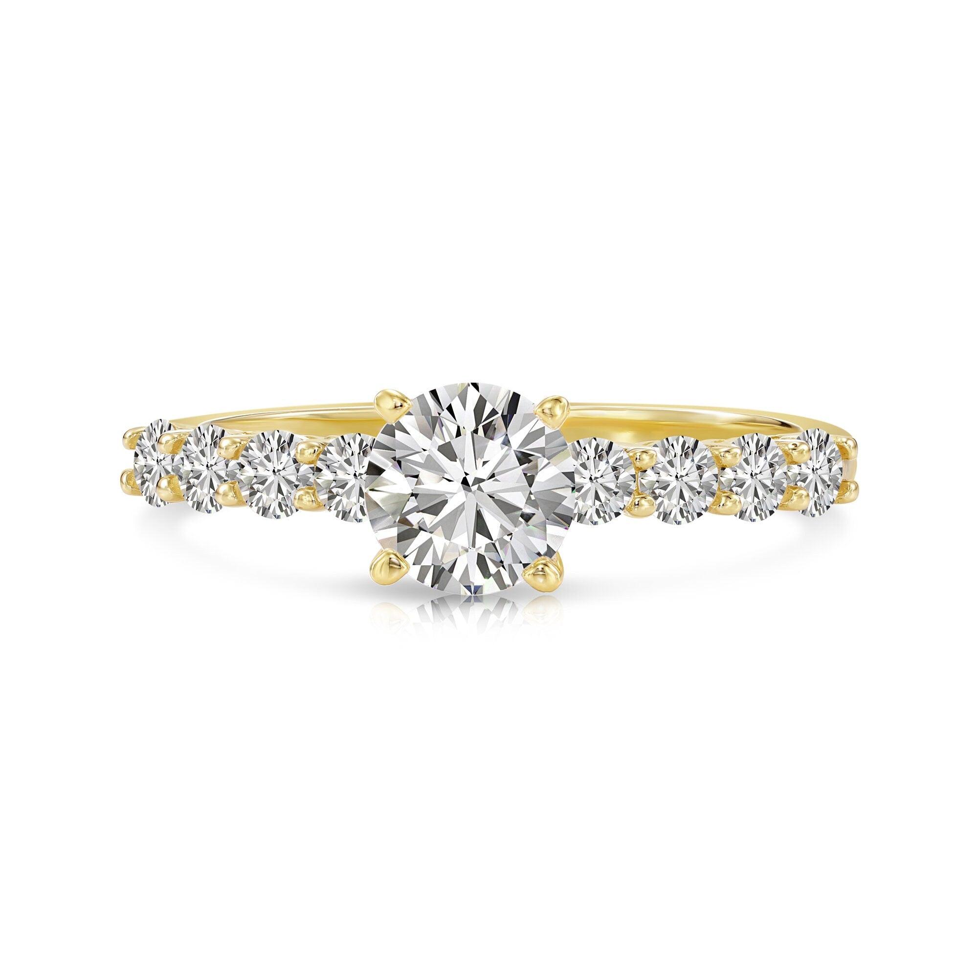 Stunning 14K Yellow Gold 1 Carat Round Brilliant Solitaire Engagement Ring with Elegant Side Stones.