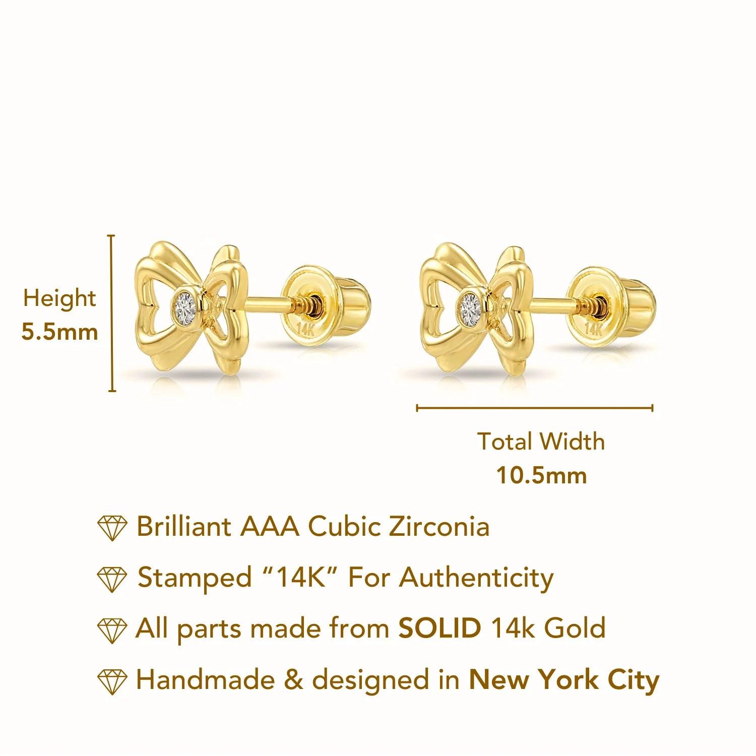 Elegant 14K Solid Yellow Gold CZ Ribbon Bow Studs with Secure Screwback Design.