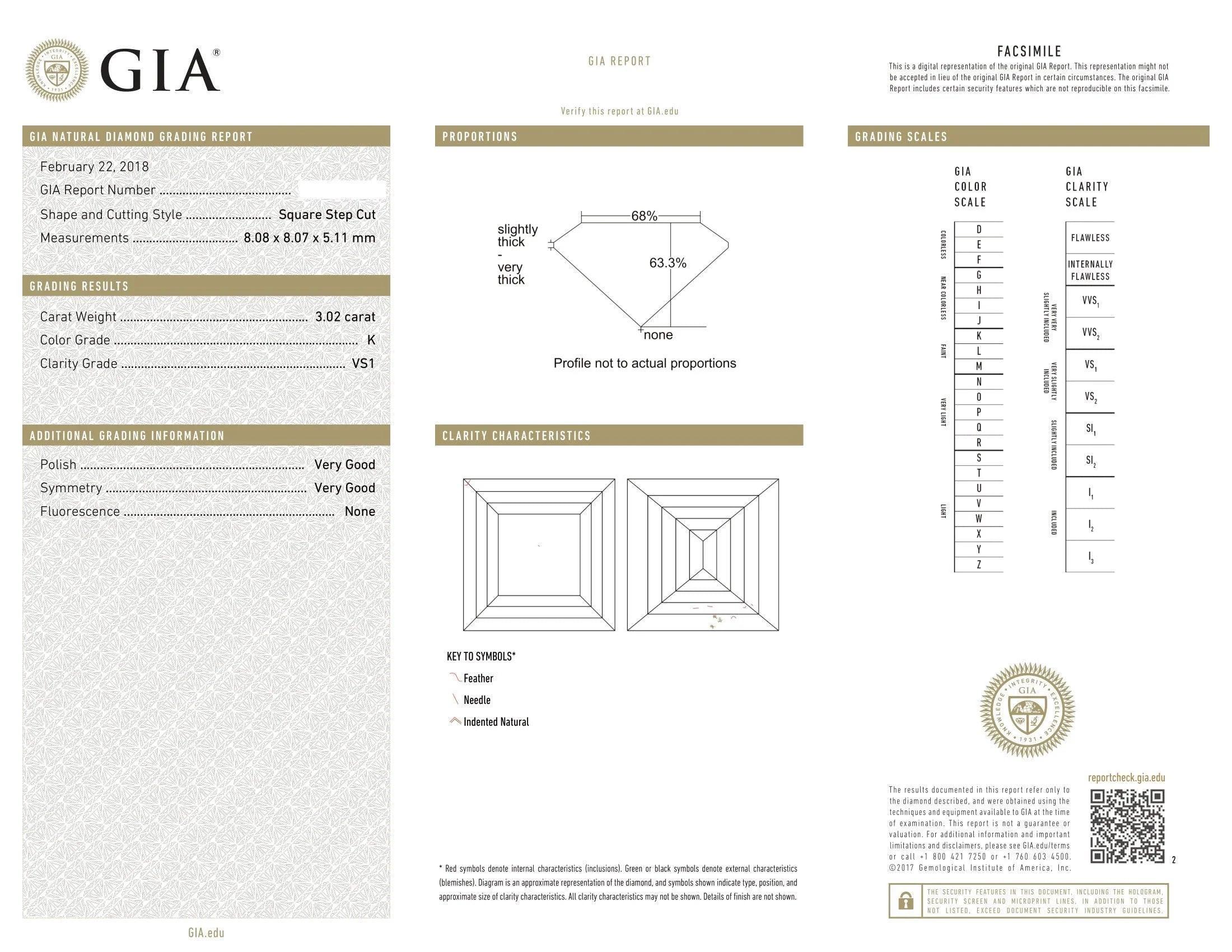 Exquisite 3.05 Carat Asscher Cut Natural Diamond in Whisper Thin® Setting.
