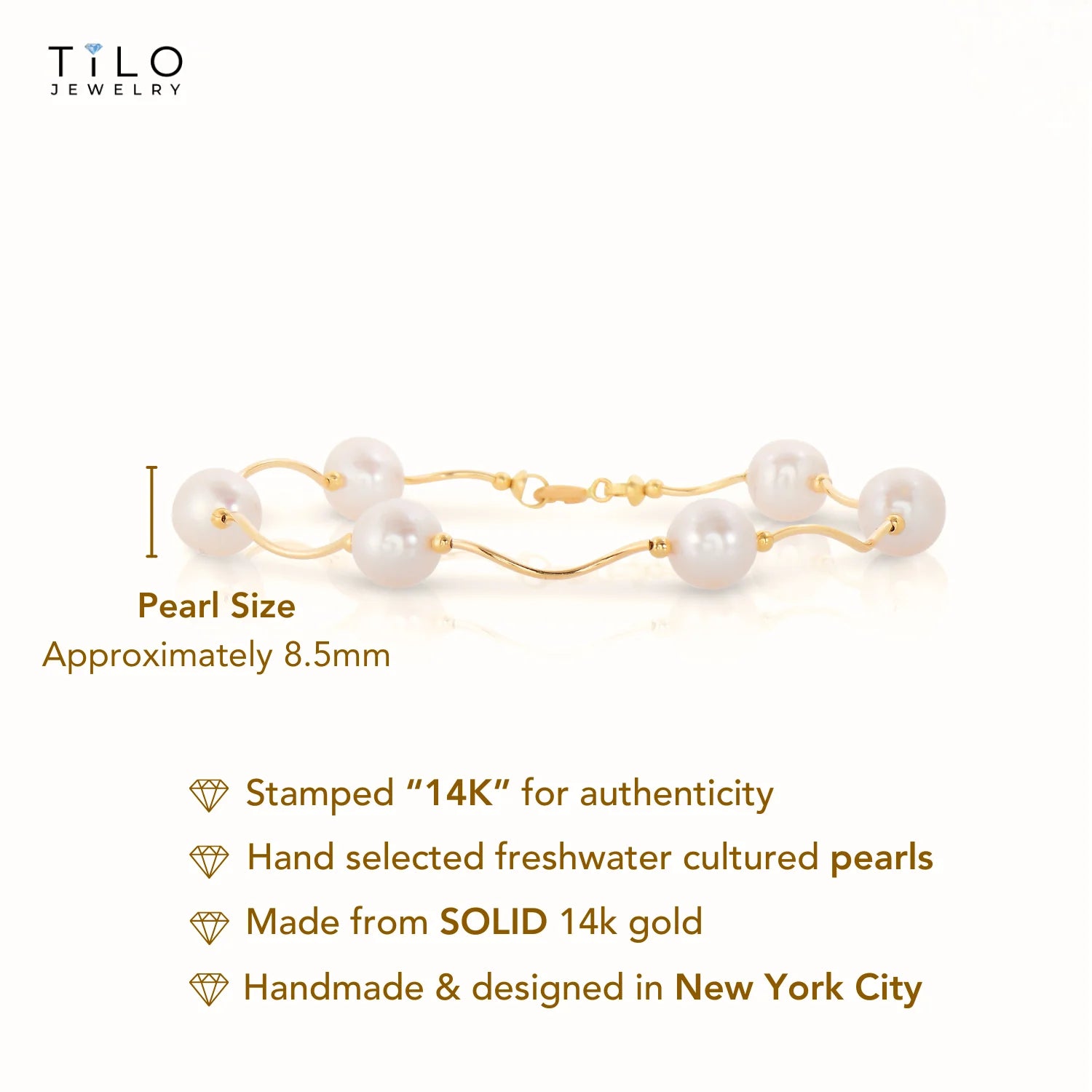 14K Gold Freshwater Pearl Bracelet, with Hand Engraved Diamond-Cut Details