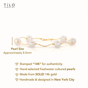 14K Gold Freshwater Pearl Bracelet, with Hand Engraved Diamond-Cut Details