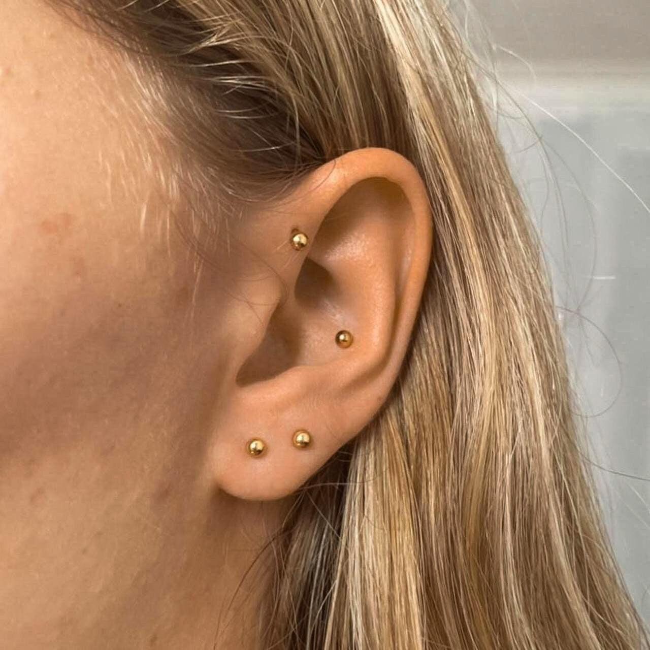 Gold Ball Stud Earrings • Curved Bar • 3Mm Ball • 16G • Forward Helix Rook Eyebrow • Non Tarnish