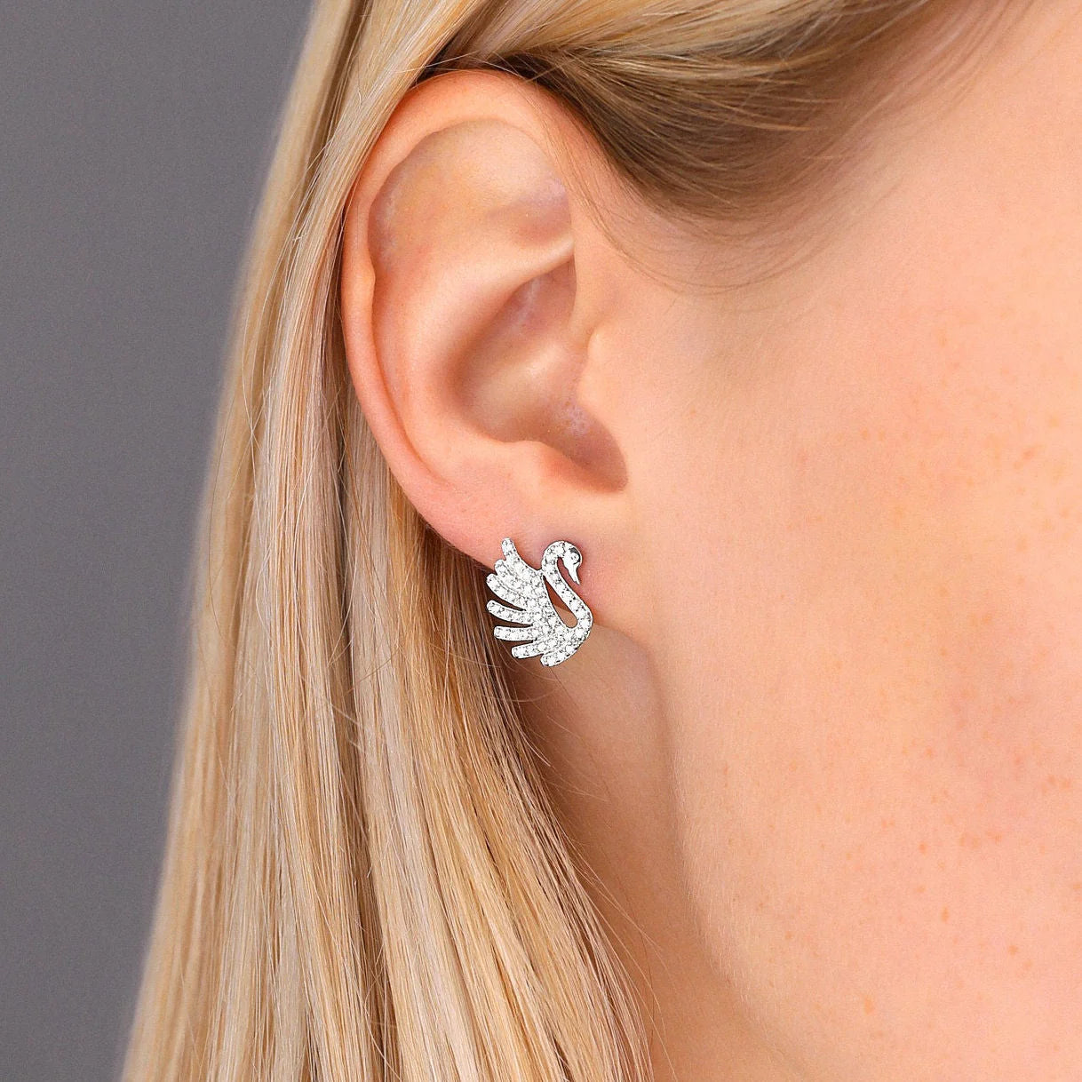 CZ White Swan Stud Earrings in Sterling Silver
