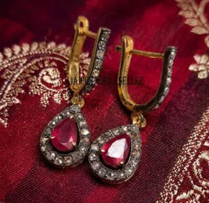 Pear Ruby Diamond Pave Sterling Silver Stud Earrings
