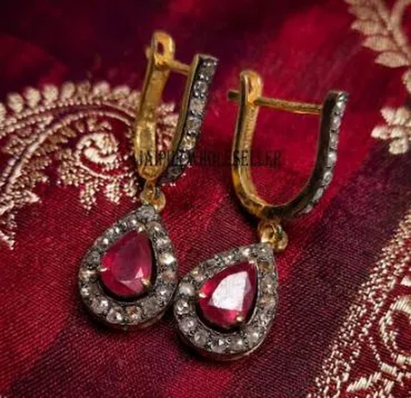 Pear Ruby Diamond Pave Sterling Silver Stud Earrings