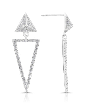 Elegant CZ Double Triangle Dangle Studs in Sterling Silver.