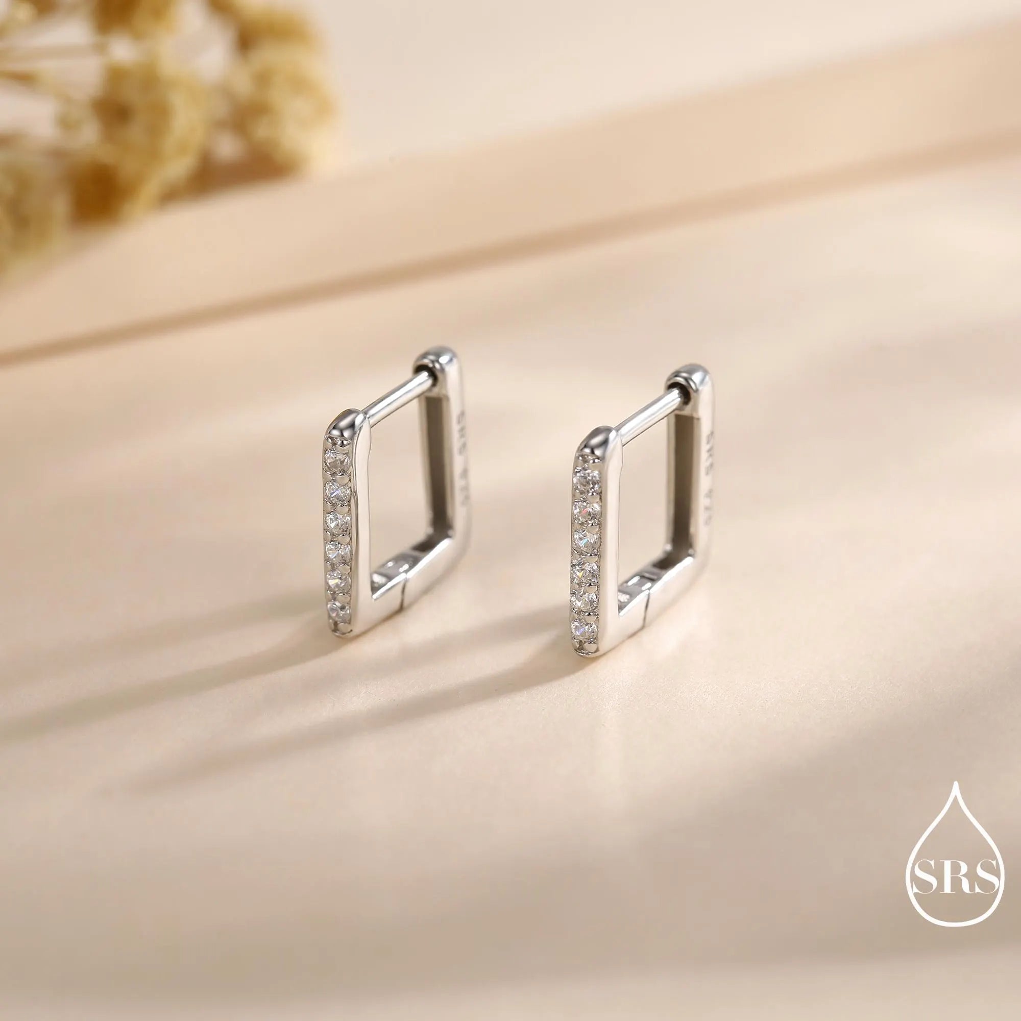 CZ Pave Square Huggie Hoop in Sterling Silver, Skinny Geometric Hoop Earrings, Gold or Silver Finish, 8Mm Minimalist Hoops