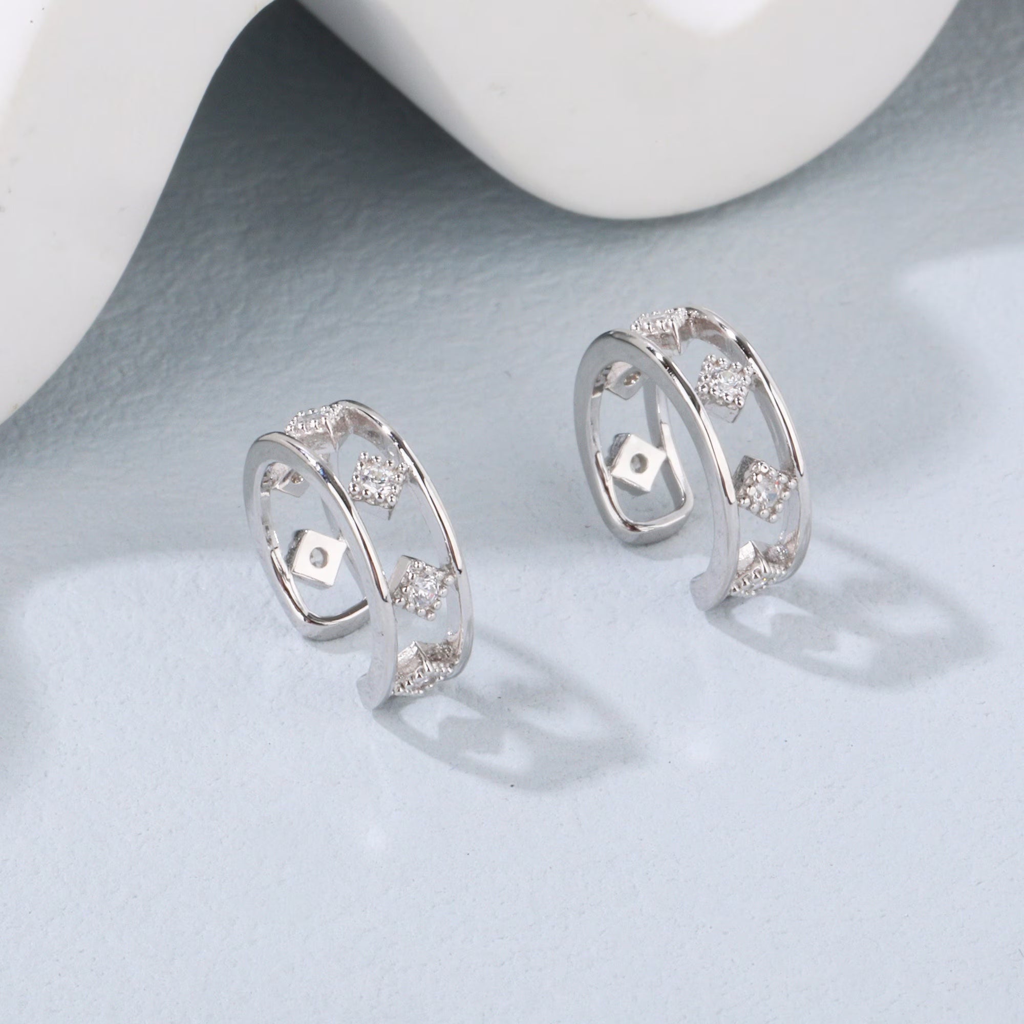 Dainty Baguette & round CZ Conch Ear Cuff Earrings • 925 Sterling Silver • Tragus Helix Studs • Gold Cartilage Stud • Diamond Stud Earrings