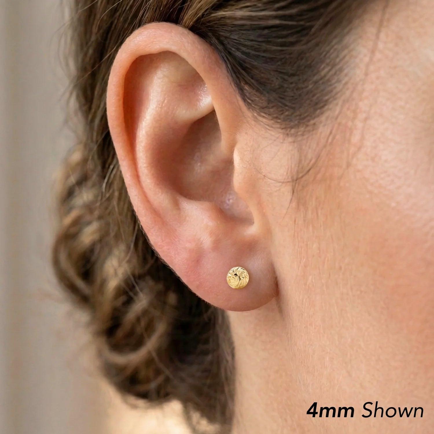 Exquisite 14K Yellow Gold Hand-Engraved Spiral Ball Studs.