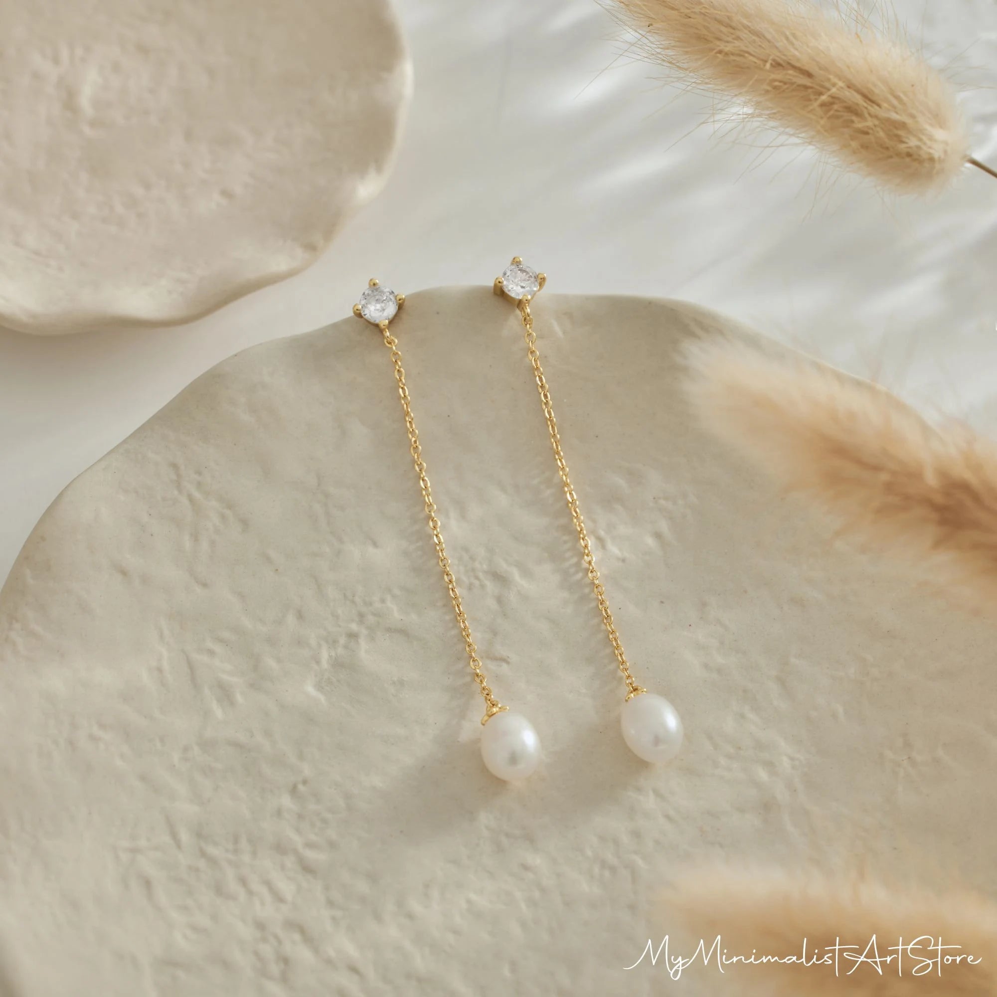 Dainty Pearl Drop Earrings with Diamond, Gold Dangle Earrings, Bridal Earrings, Long Pearl Earrings, Wedding Jewelry,Bridesmaid Gift for Her