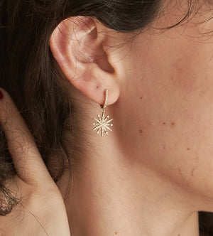 14K Yellow Gold Diamond Starburst Dangle Huggie Earrings