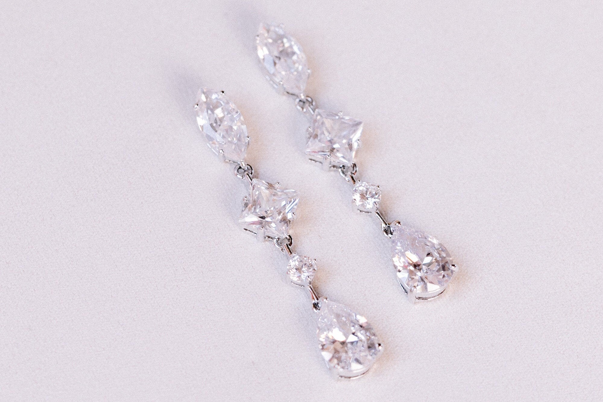 Tear Drop Wedding Jewelry, Square Diamond Dangle Earring, Oval Shape CZ, round Gem Earring, CZ Bride Earring, Silver Bridal Earring, Pear