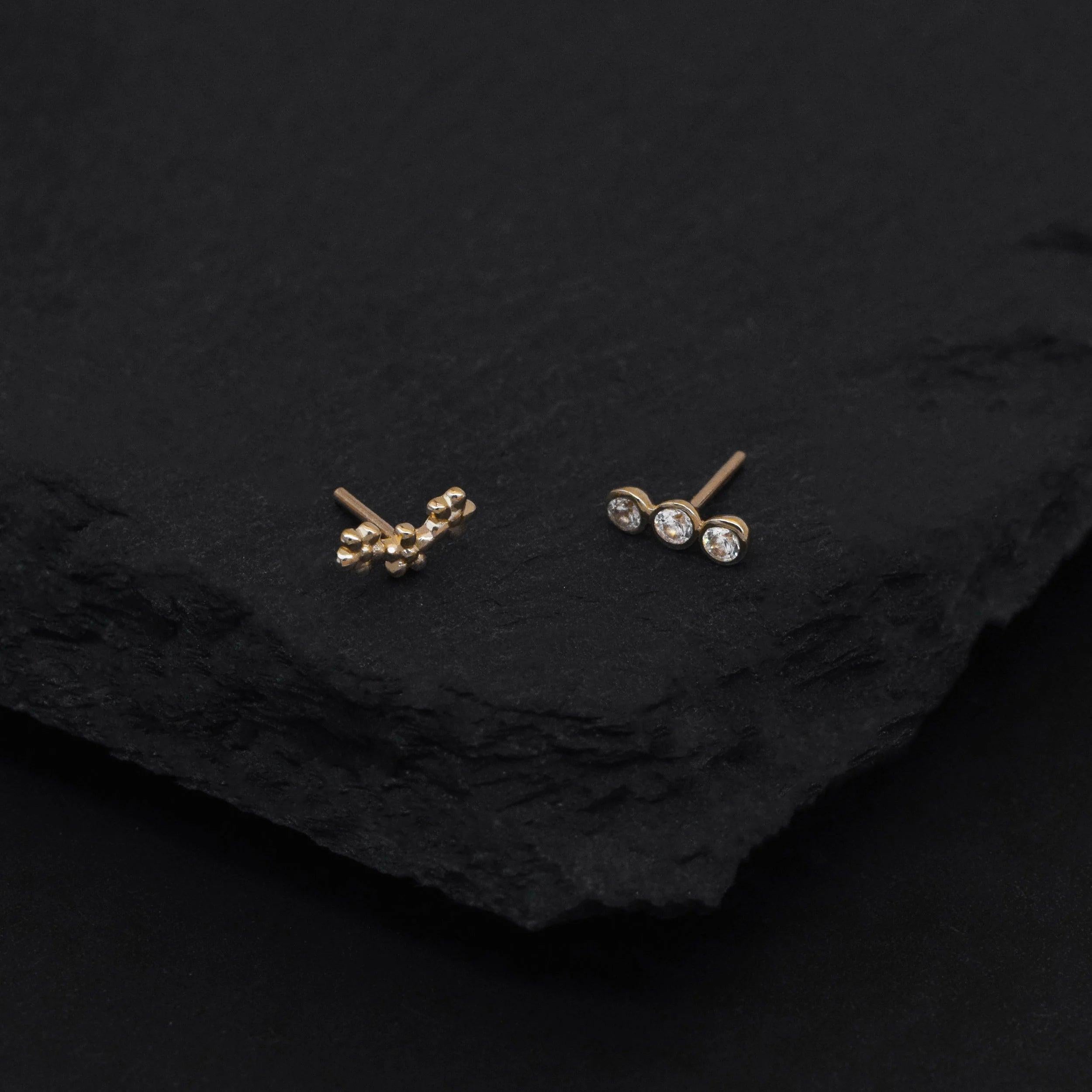 14K Solid Gold Trinity CZ Flat Back Stud Earring – Dainty Flower Sparkle for Cartilage, Helix, Tragus & Lobe Piercings.