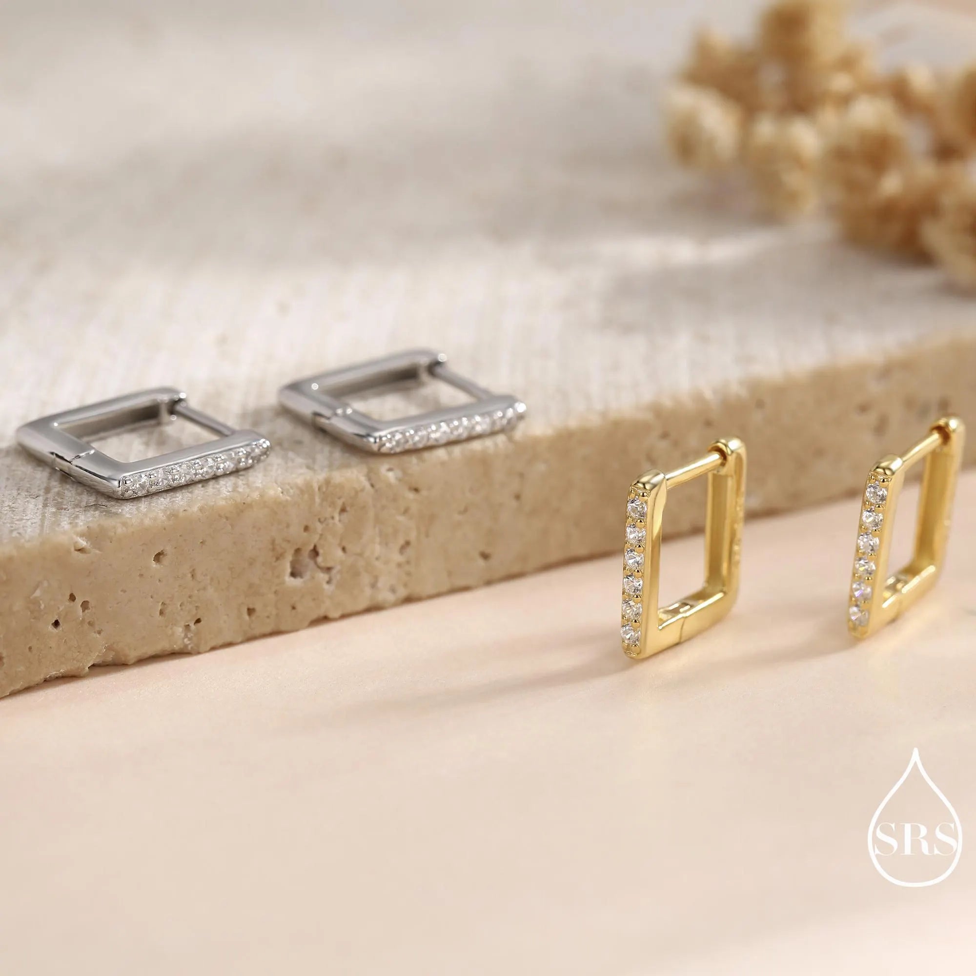 CZ Pave Square Huggie Hoop in Sterling Silver, Skinny Geometric Hoop Earrings, Gold or Silver Finish, 8Mm Minimalist Hoops