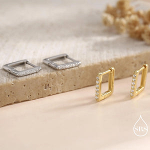 CZ Pave Square Huggie Hoop in Sterling Silver, Skinny Geometric Hoop Earrings, Gold or Silver Finish, 8Mm Minimalist Hoops