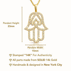 Elegant 14K Yellow Gold Hamsa Pendant Necklace with 18" Cable Chain.