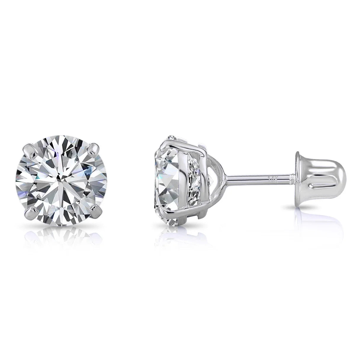14K White Gold Classic Solitaire Stud Earrings, Screwback