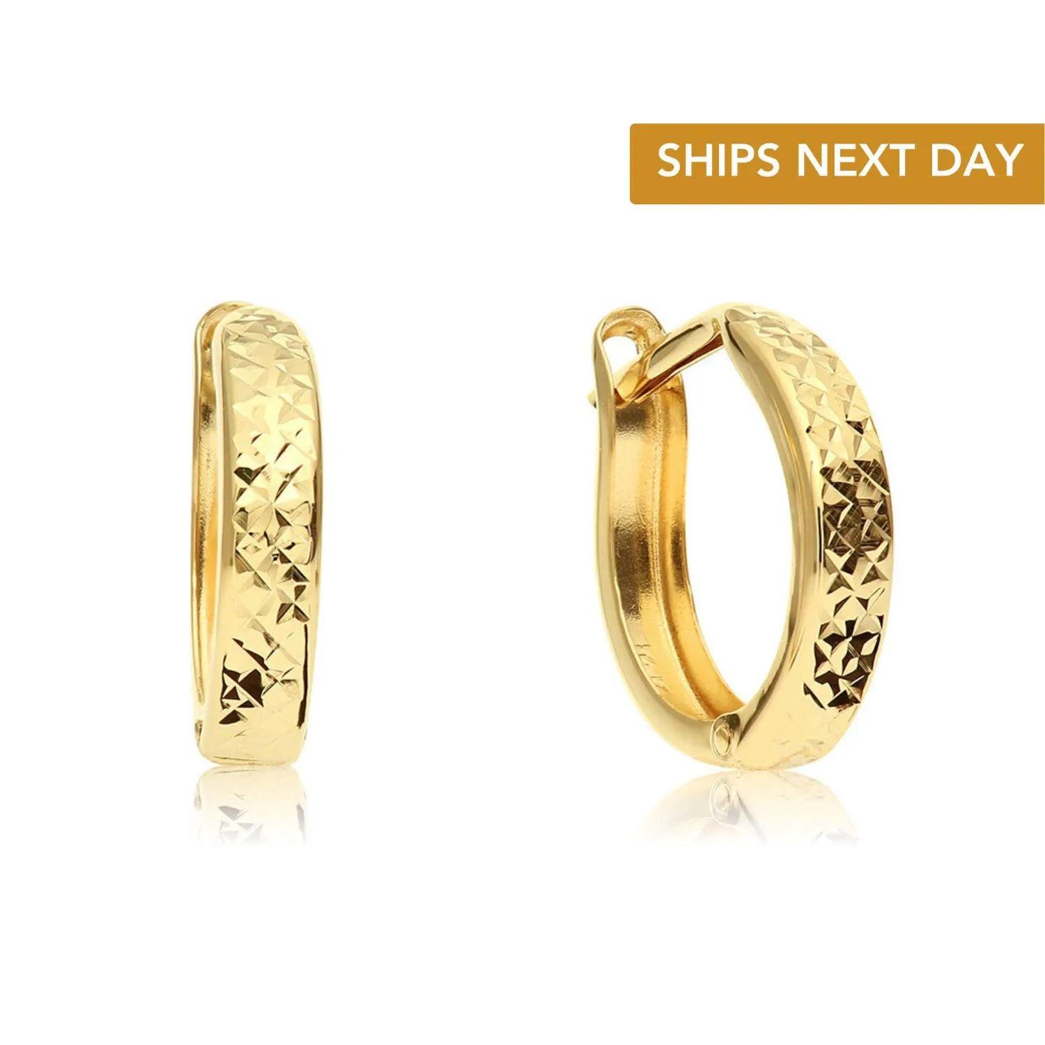 Stunning 14K Solid Gold Diamond-Cut Huggie Hoop Earrings for Women and Kids.