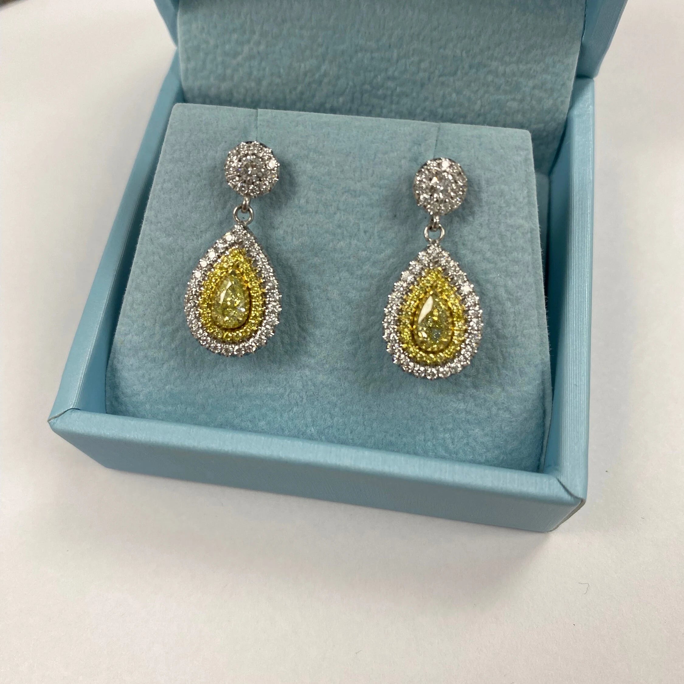 1.62Ct Fancy Yellow Pear Diamond Drop Earrings, 14K White Gold