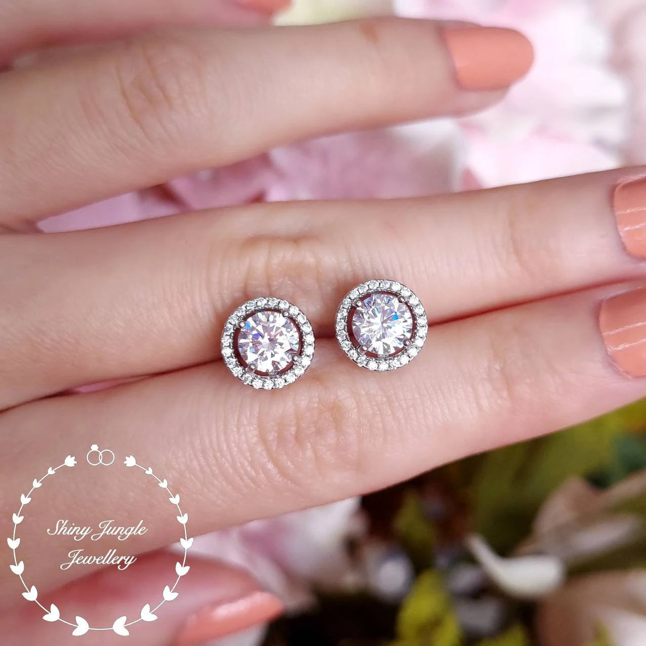 Diamond Stud Earrings, Delicate Halo Diamond Simulant Studs, 14K White Gold and Rose Gold Plated Sterling Silver, Birthday Gift with Box